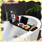Expandable Plastic Bathroom Tub Tray with Towel Rack and Bookshelf