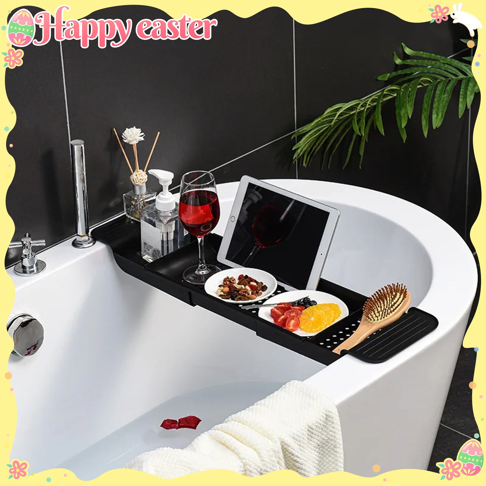 Expandable Plastic Bathroom Tub Tray with Towel Rack and Bookshelf