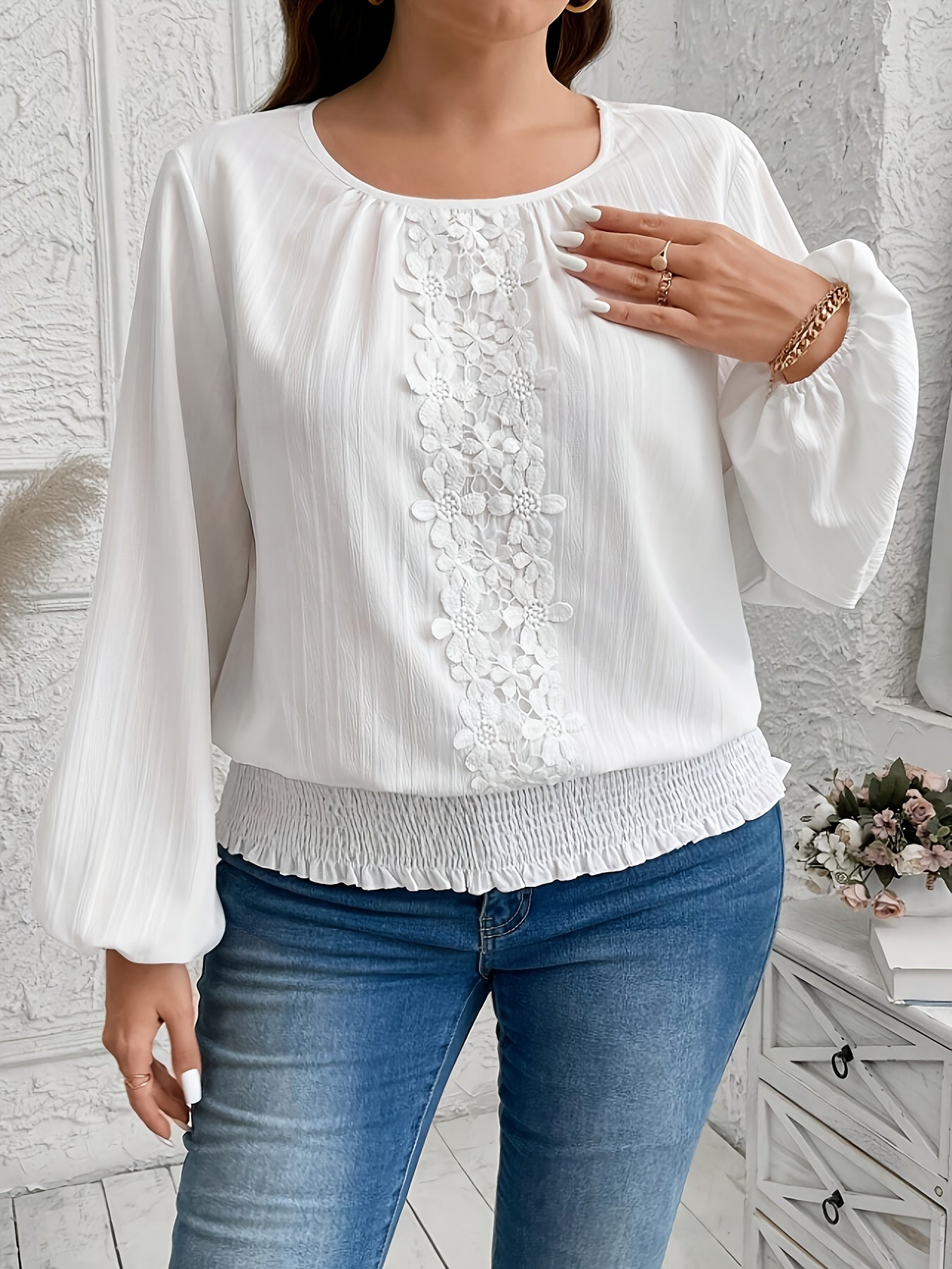 Women's Plus Size Black Lace Blouse with Ruffled Neckline and Bell Sleeves