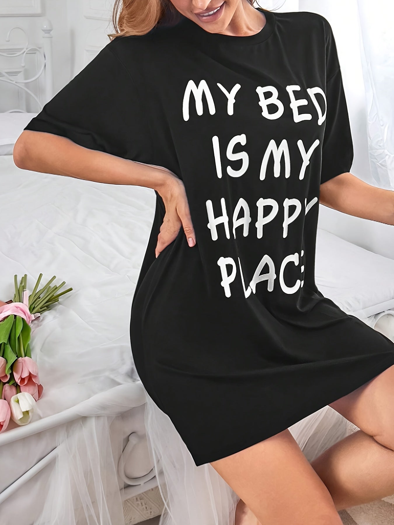 Women's Casual Sleepwear Dress with Slogan Print Short Sleeves Round Neck Nightgown