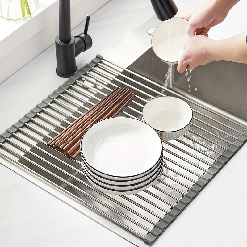 Foldable Dish Drying Rack for Kitchen Sink, Roll-Up Drain Organizer, Space-Saving Kitchen Tool