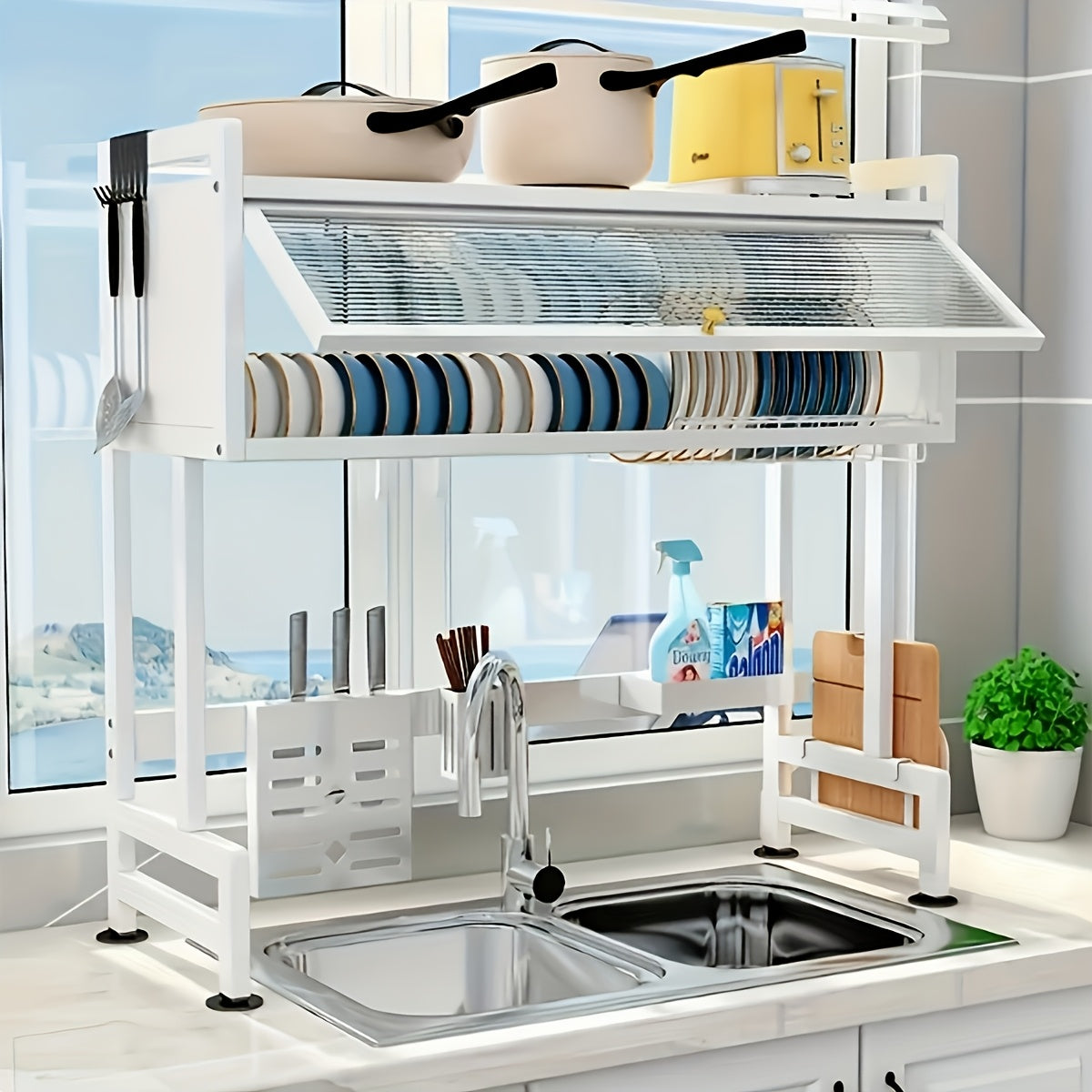 Organizador de fregadero de cocina de hierro fundido negro con compartimentos y ganchos