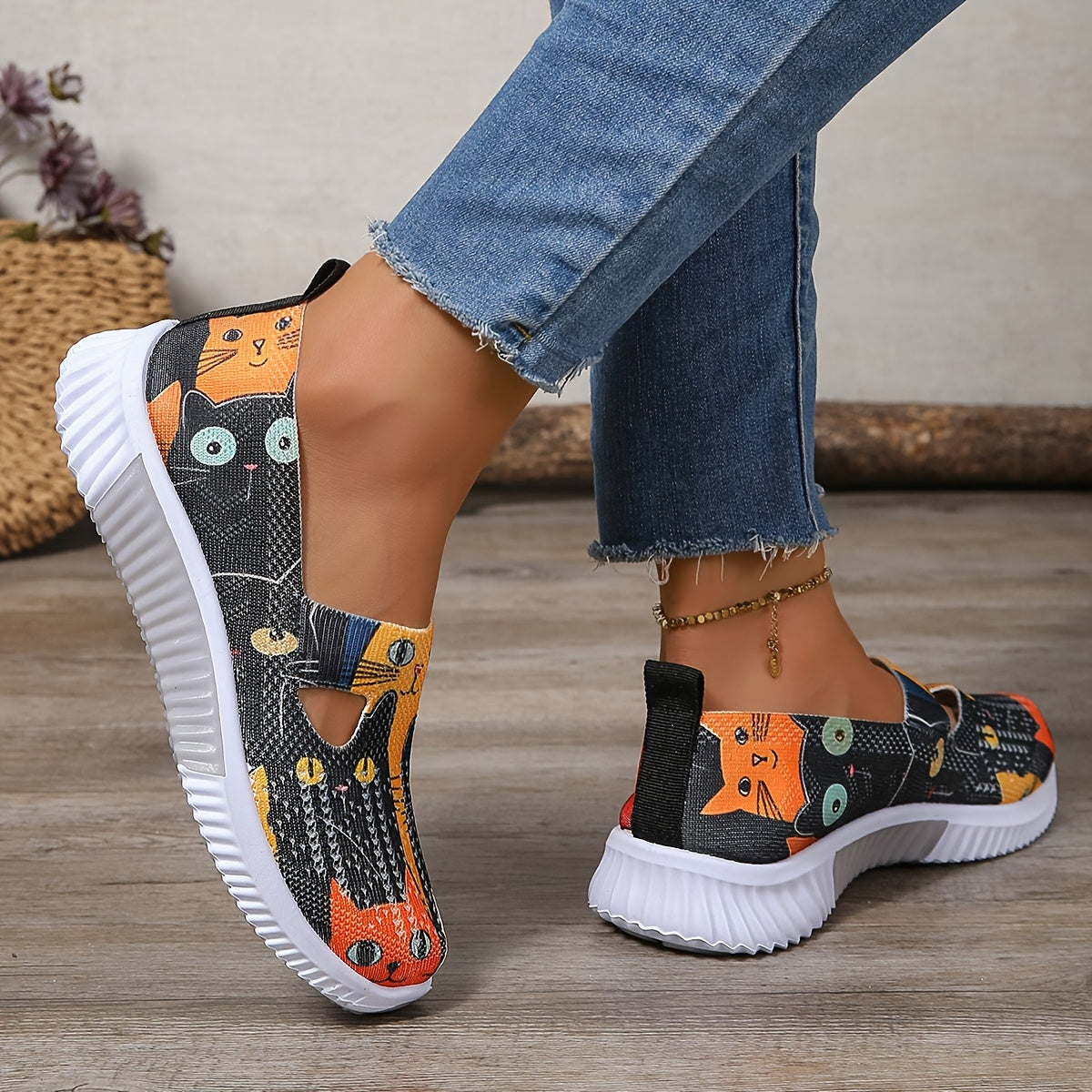Женские кроссовки с рисунком Cartoon Cat, повседневные легкие летние обувь на slip-on