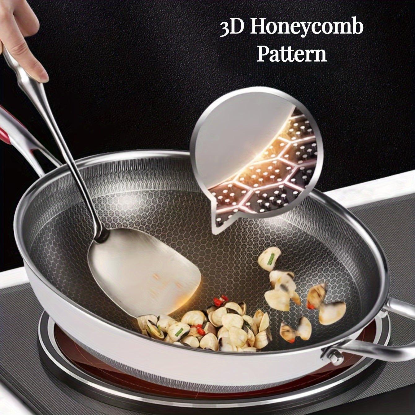 Stainless Steel Wok with Glass Lid Non-Stick Honeycomb Design Induction Gas Compatible