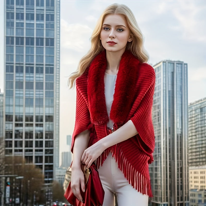 Elegant Acrylic Shawl Wrap with Faux Fur Collar Batwing Sleeves for Night Out