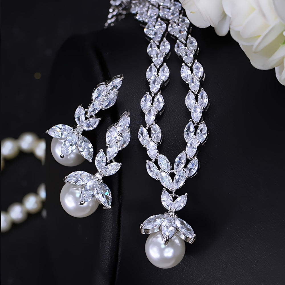 Bridal Jewelry Set with Pearl Pendant Necklace and Earrings Synthetic Cubic Zirconia White