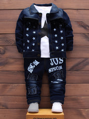Boys' Korean-Style Faux Denim Fringe Three-Piece Set for Spring Outdoor Wear