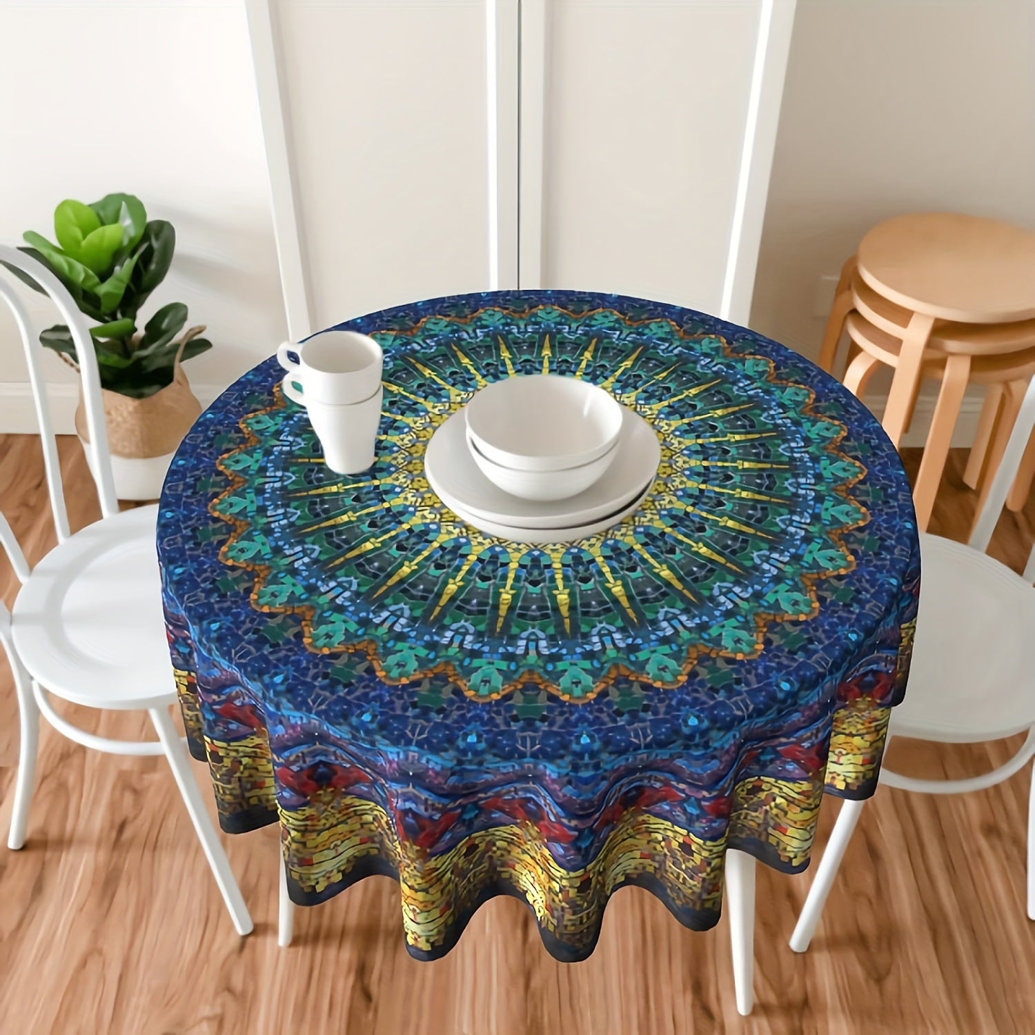 Mantel redondo impermeable de poliéster bohemio con mandala para cocina, comedor y uso exterior