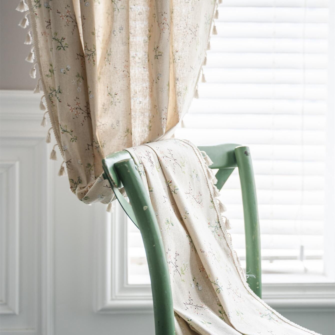 Bohemian Floral Milk-White Linen Curtain with Semi-Shading for Living Room Bedroom Office