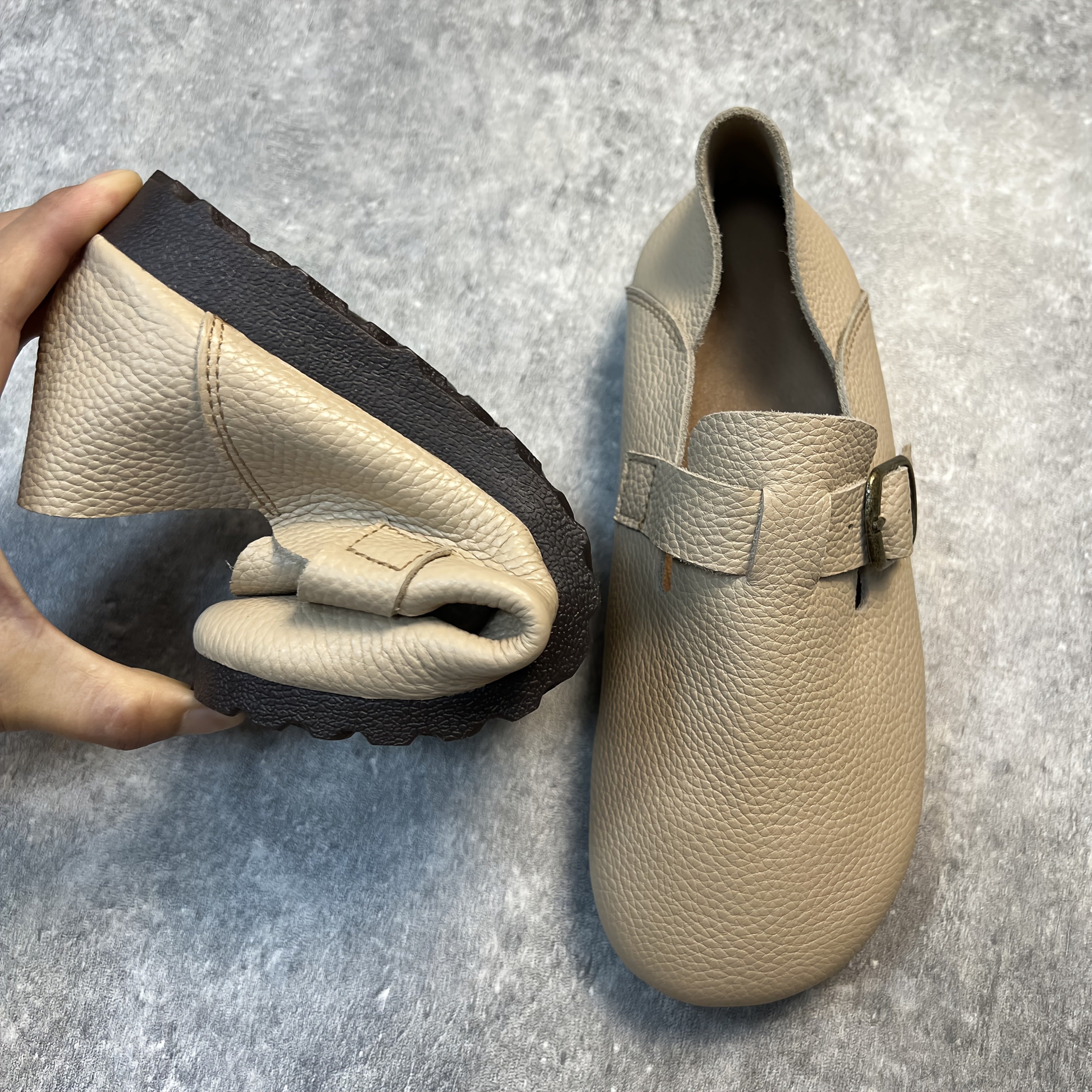 Women's Leather Flat Shoes with Buckle Strap Casual Loafers Brown