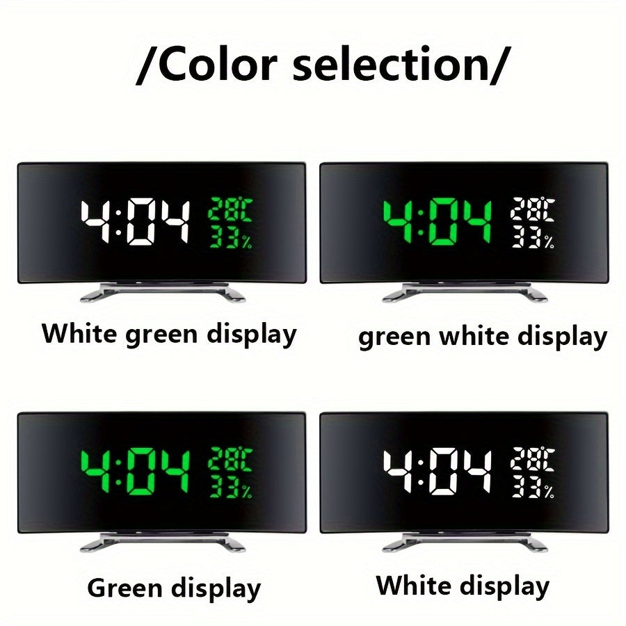 Black LED Curved Alarm Clock with Temperature Humidity Display and USB Battery Power