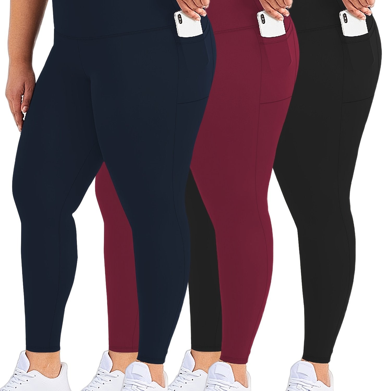 Plus Size Womens Black Pockets High Waisted Tummy Control Leggings Set