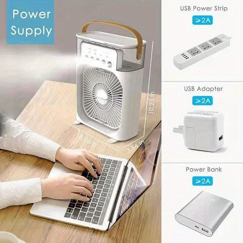 Compact USB Fan with LED Lights Humidifier and Adjustable Speeds for Home Office Use