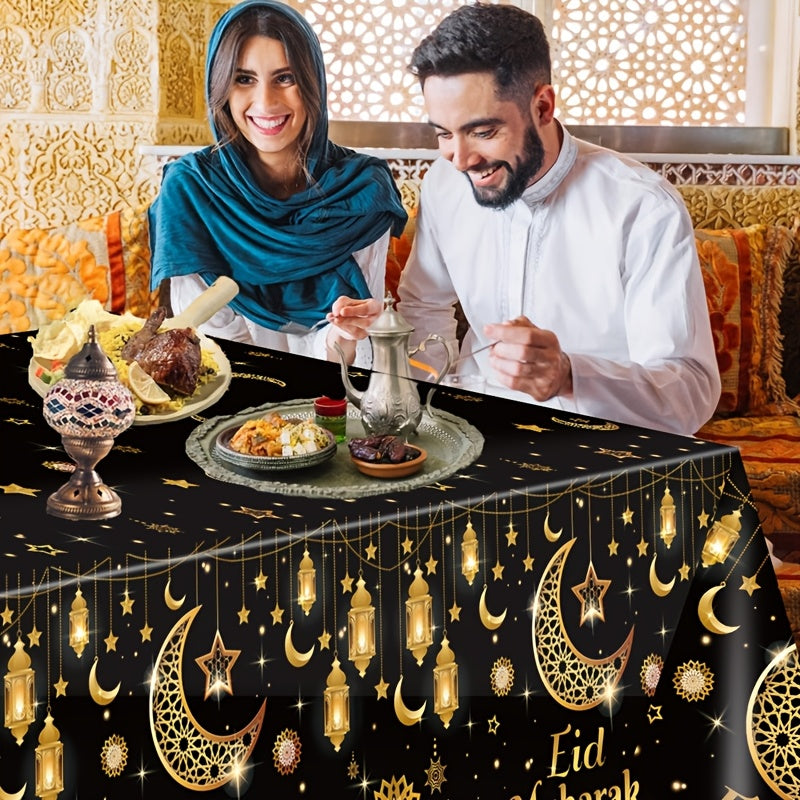 Eid Mubarak Tablecloth Black Gold Moon Star Lantern Design 130x220cm Plastic