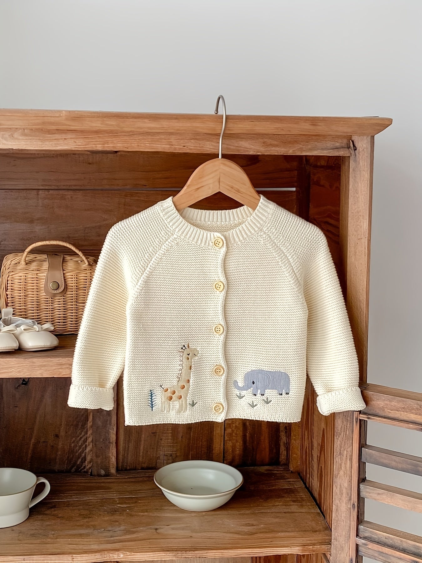 Baby Girls Knit Cardigan with Cartoon Embroidery Crew Neck Long Sleeve Cotton Spring Fall
