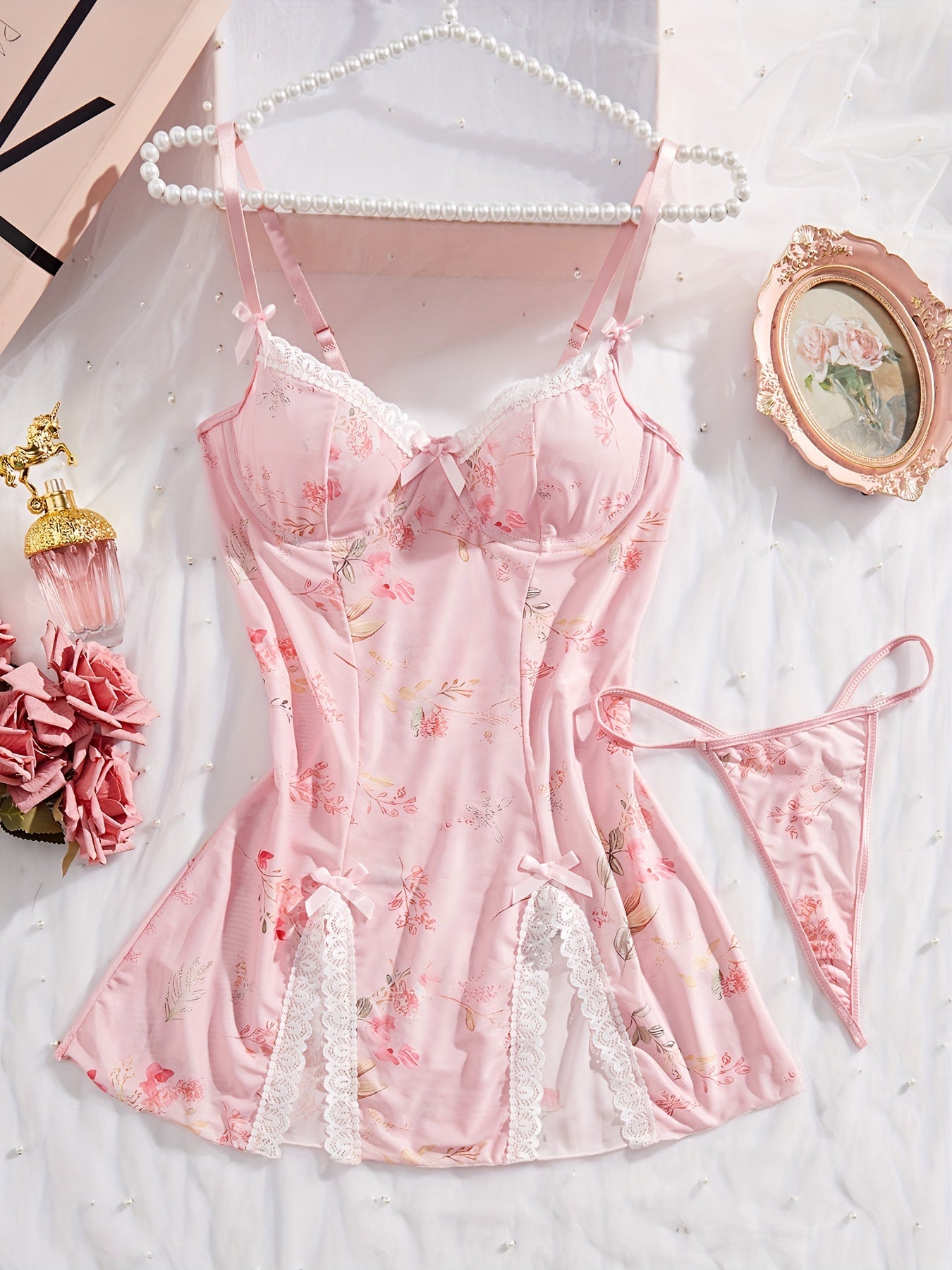 Women's Floral Lace Babydoll Lingerie Set with Bow Detail Semi-Sheer Stretch Fabric