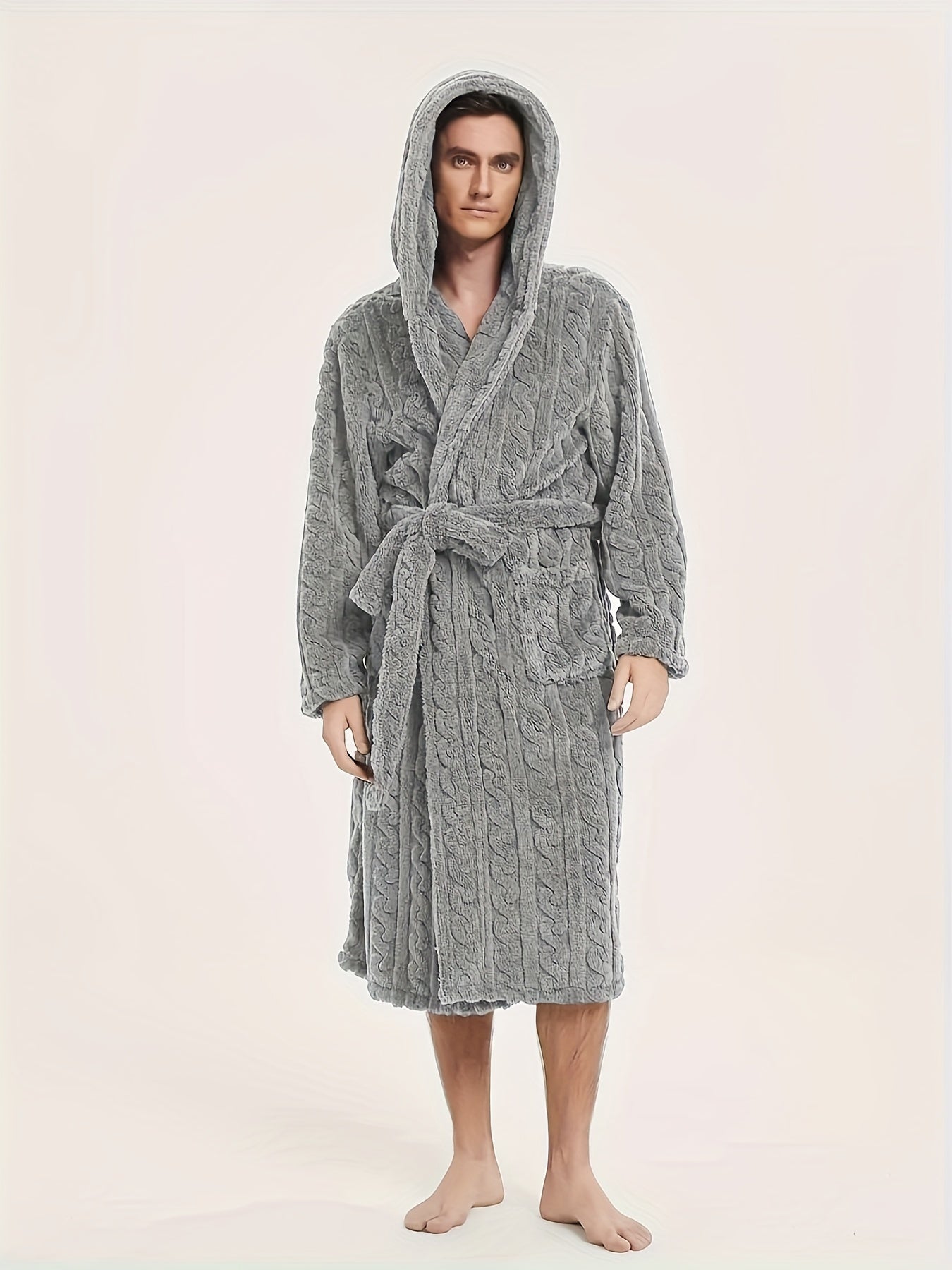 Men's Fleece Hooded Robe with Belt for Home and Hotel Use Fall Winter Casual
