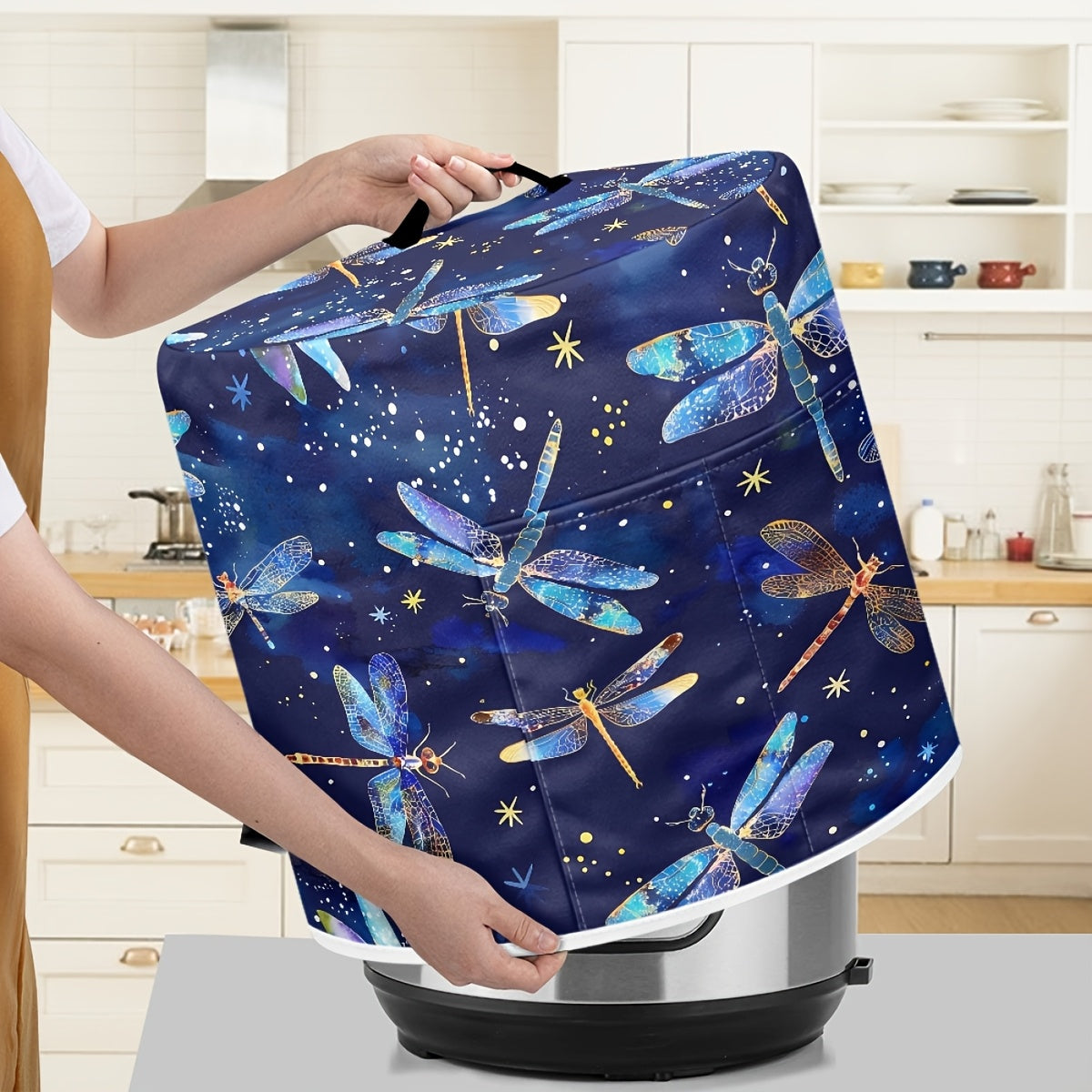 Funda antipolvo con patrón libélula para olla a presión de 8 cuartos, freidora de aire, olla arrocera, azul y oro