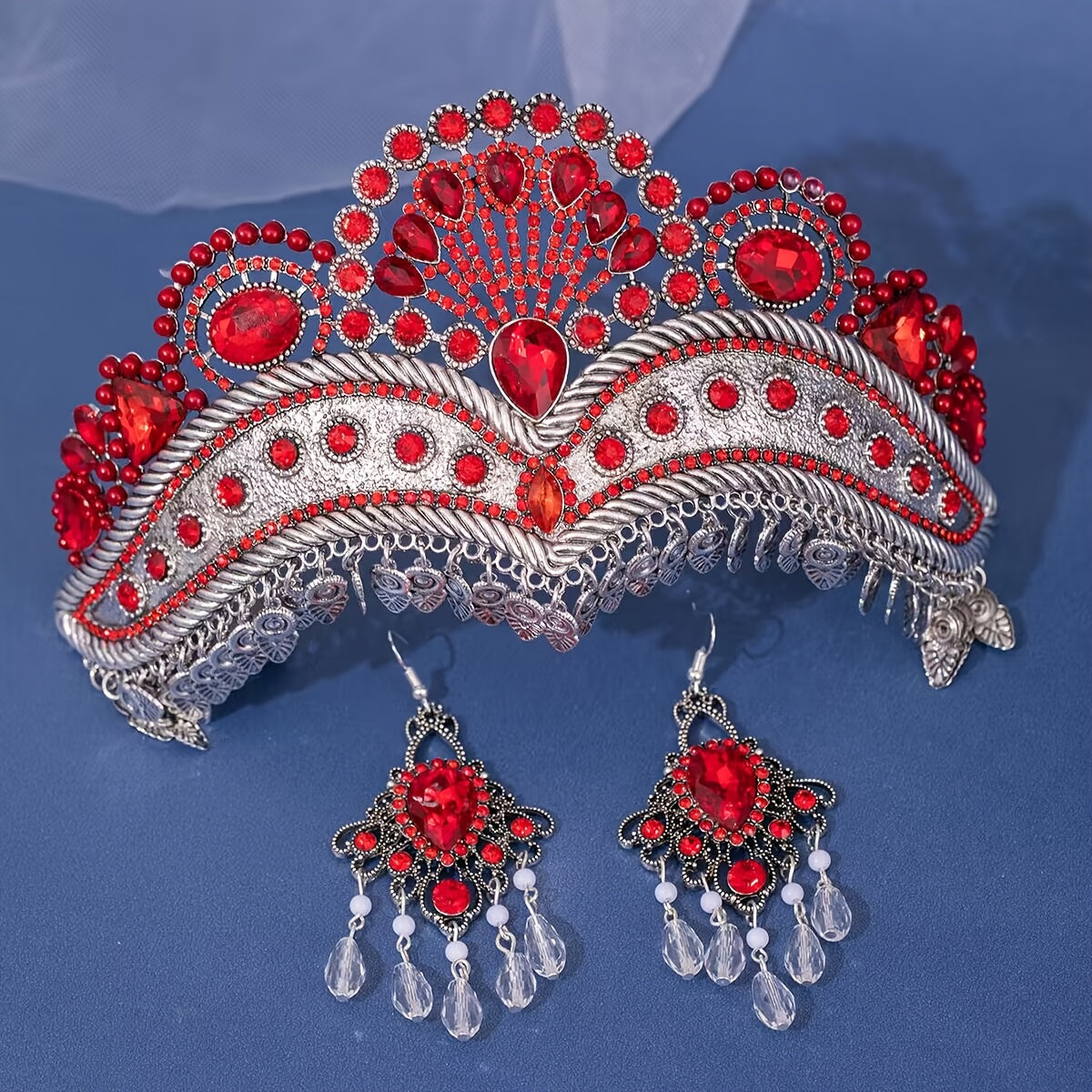 Nikoh tiarasi va sirg'alar to'plami Barok uslubi Rhinestone Zink alloy to'y aksessuarlari