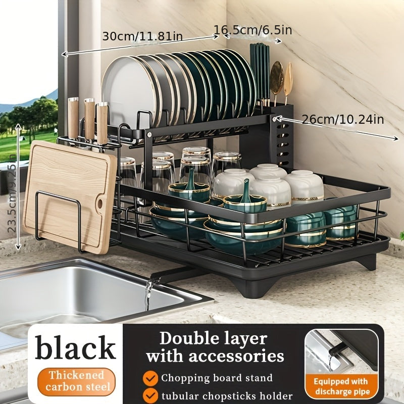 Space-Saving Double Dish Rack with Drainer and Cutlery Holder for Kitchen Organization