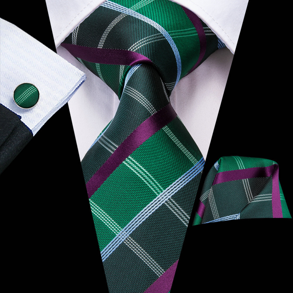 Men's Plaid Necktie Set with Hanky and Cufflinks for Weddings Business and Parties