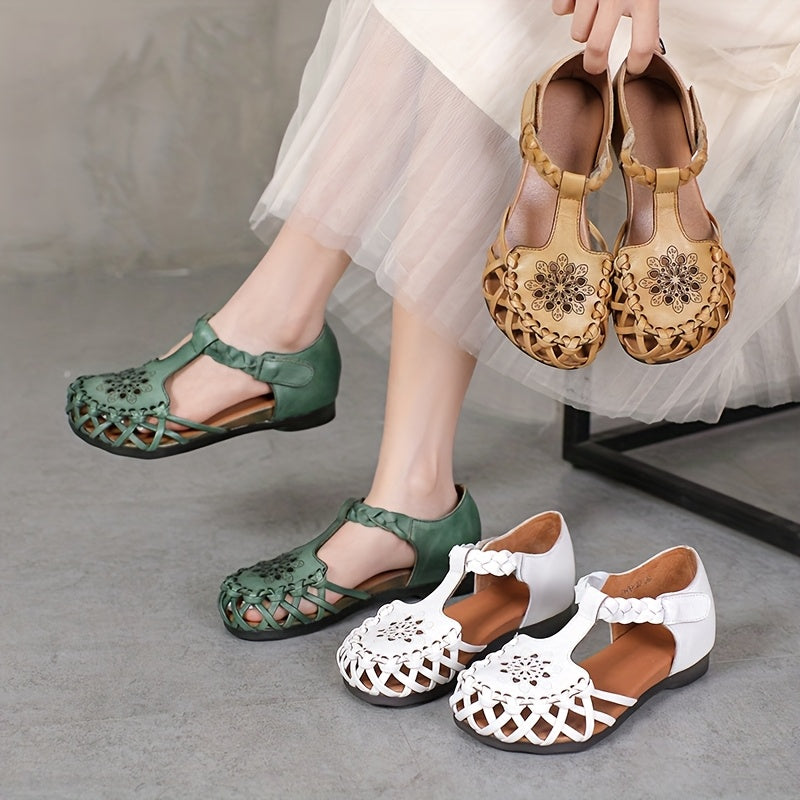 Women's Green Flat Shoes Breathable Casual T-Strap Walkers