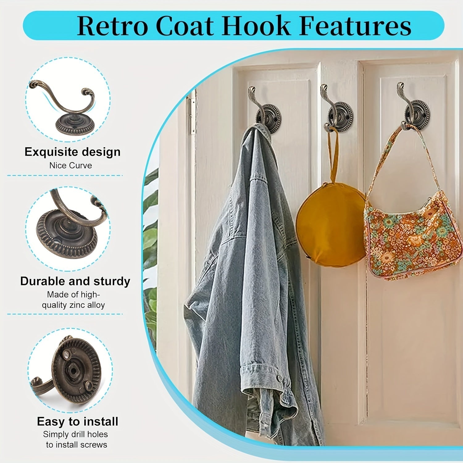 12 ta Antik Bronza Palto Qulflari, Dumaloq Asos bilan, Sink Qotishma Kiyim Tashuvchilar, Oshxona yoki Hammom uchun. Vintage Bezakli Qulflar, Oson O'rnatish, Birga Berilgan Tornavida bilan - Elektr energiyasiga ehtiyoj yo'q, Ko'p maqsadli foydalanish.