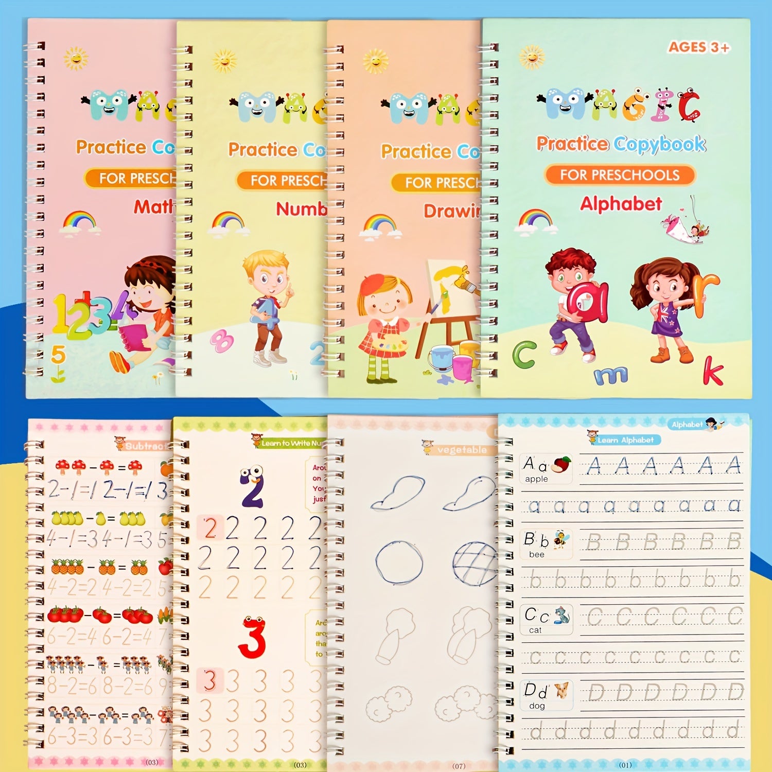 Children's Practice Copybooks Set with Reusable 3D Groove Writing Pad for Kids Ages 3-6