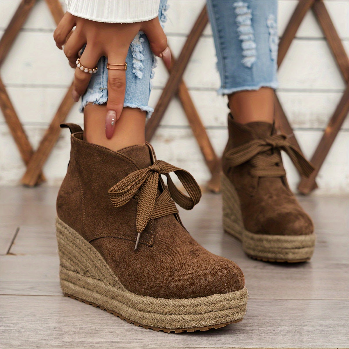 Women's Linen Wedge Ankle Boots Casual Solid Color Lace-Up Platform Shoes