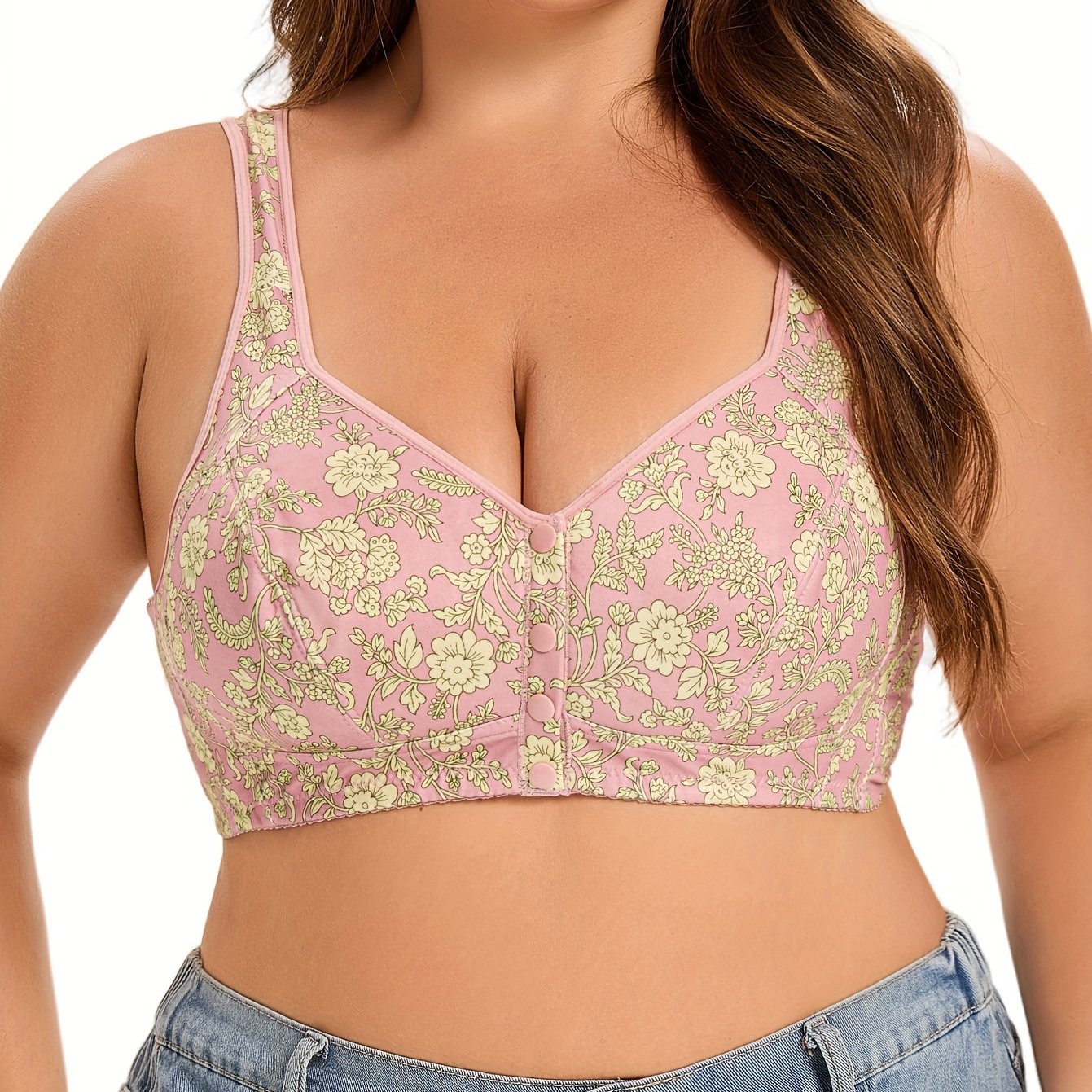Plus Size Floral Knit Wireless Bralette with Front Button No Padding