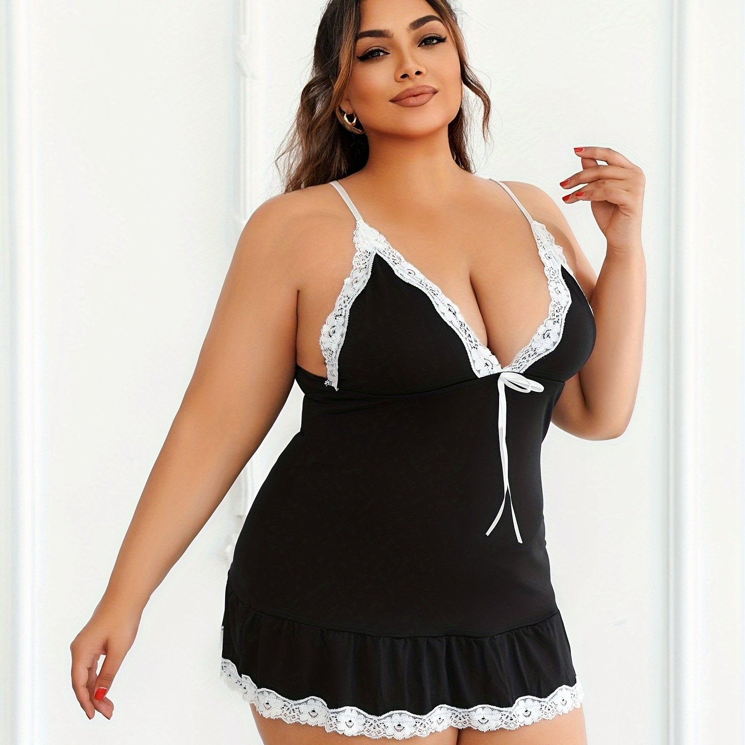 Plus Size Women's Lace Trim Babydoll Dress for Valentine's Day