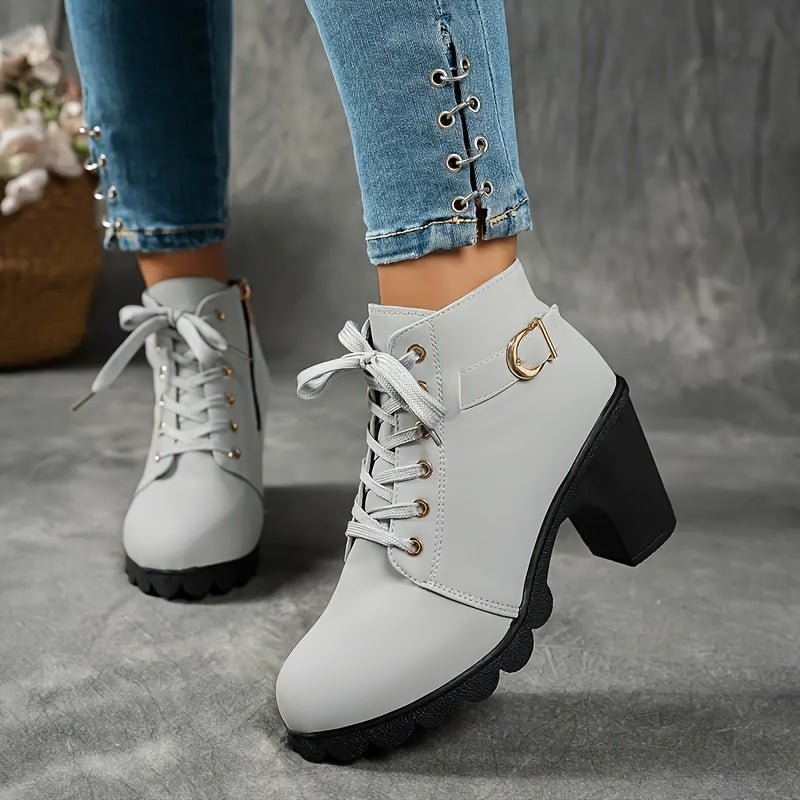 Women's Chunky Heel Ankle Boots Leather Side Zipper Casual Colors