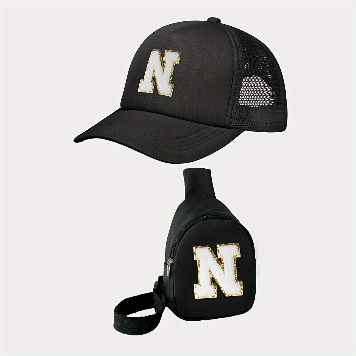 Boy's Accessories Set Waist Bag and Baseball Cap Black Polyester Adjustable Casual Sports