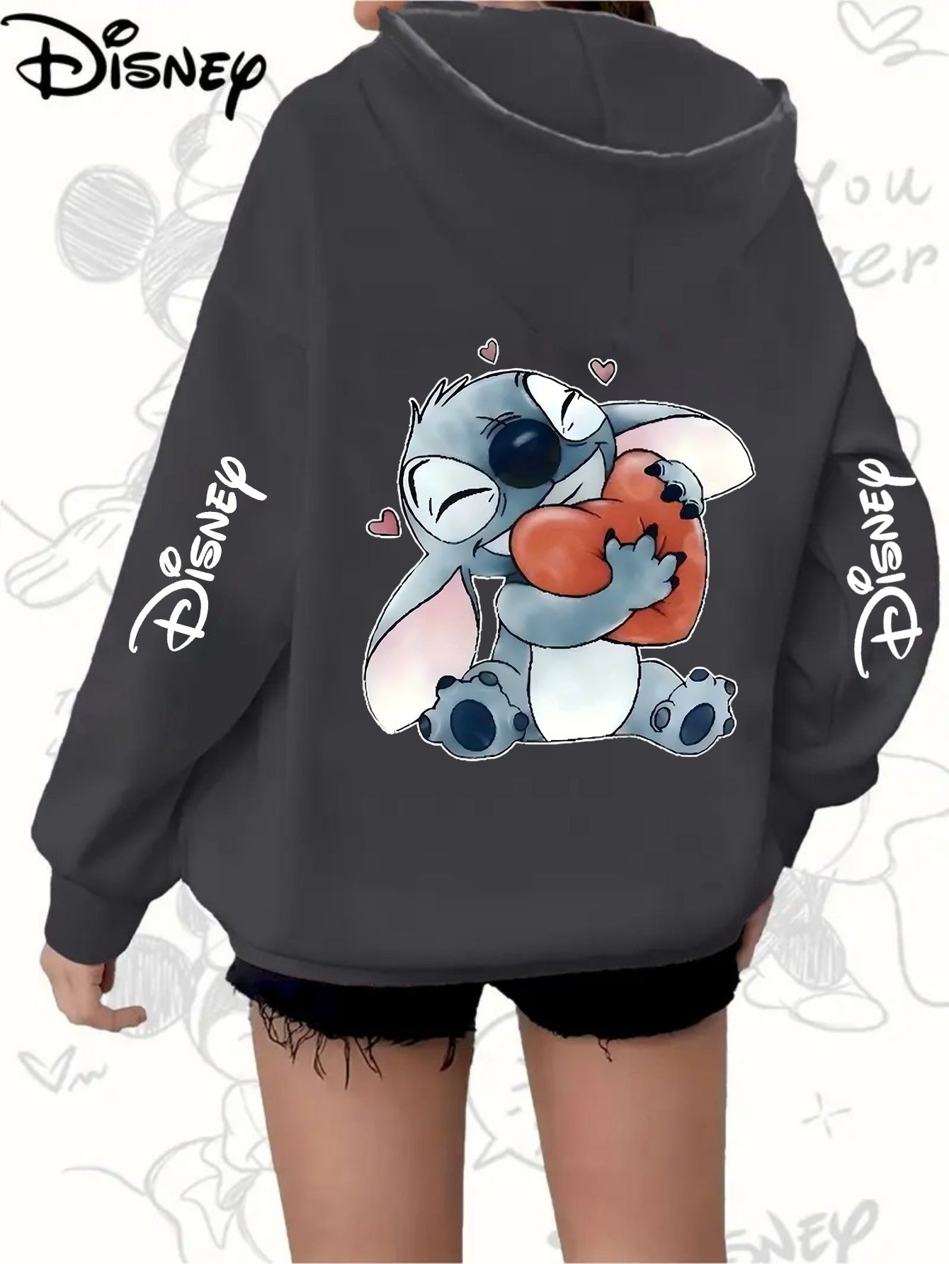 Plus Size Women’s Hoodie with Cartoon Print Heart Pockets Zip-Up Casual Jacket