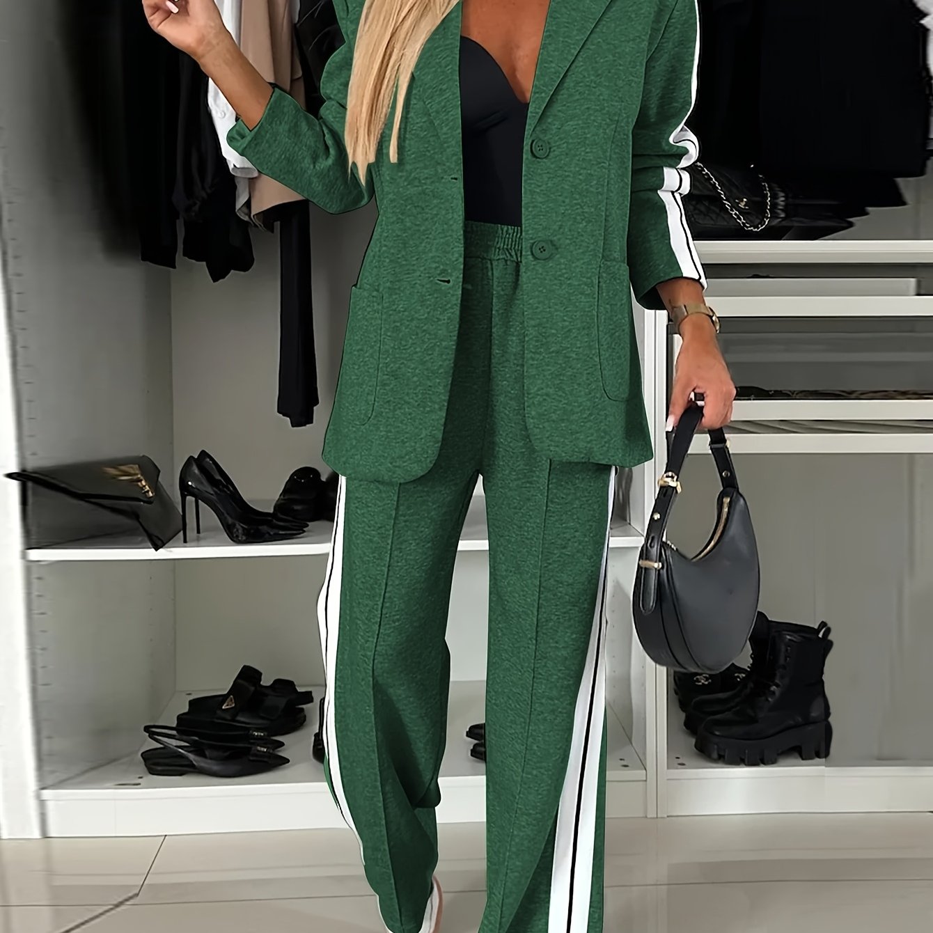 Women's Casual Suit Set with Blazer and Pants Polyester Knit Solid Color for Spring and Fall