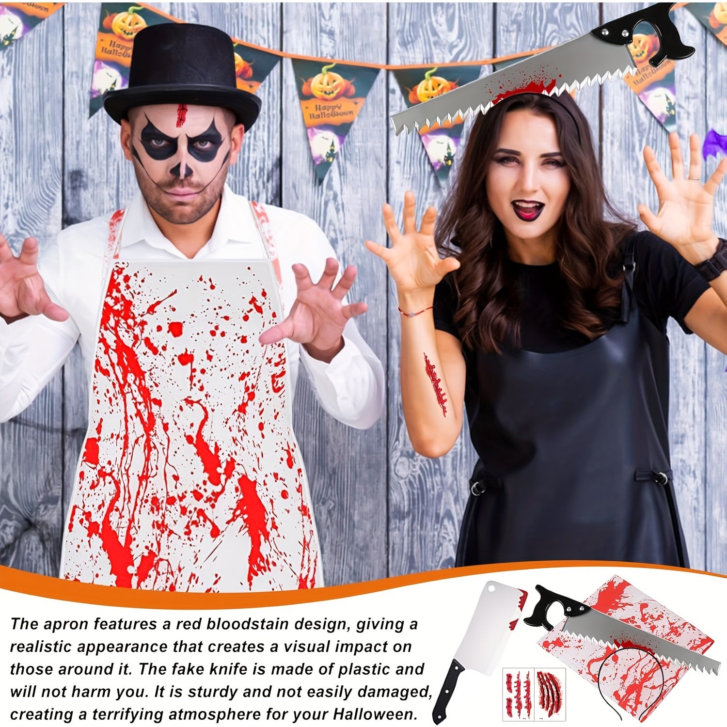 Unisex Halloween Knife Hair Band and Bloody Apron Costume Set for Adults