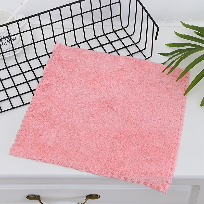Set of 4 Coral Fleece Square Towels with Lace Trim, Soft Absorbent Kitchen Cloths