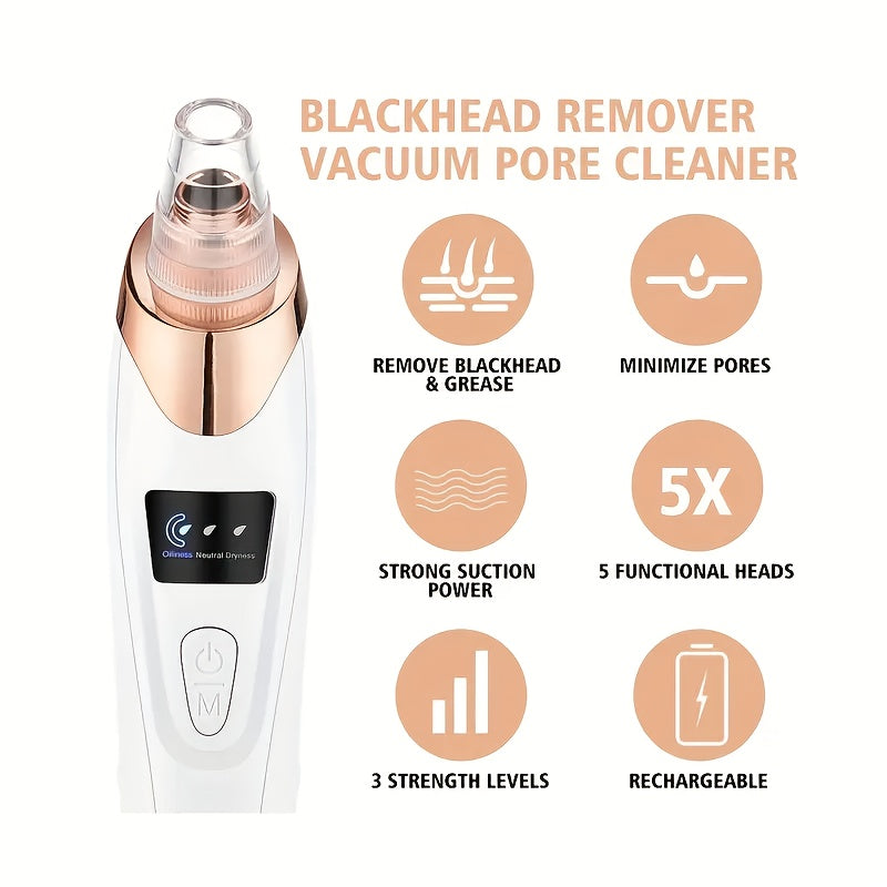 USB Rechargeable Blackhead Remover with 5 Replacement Heads for Facial Cleansing
