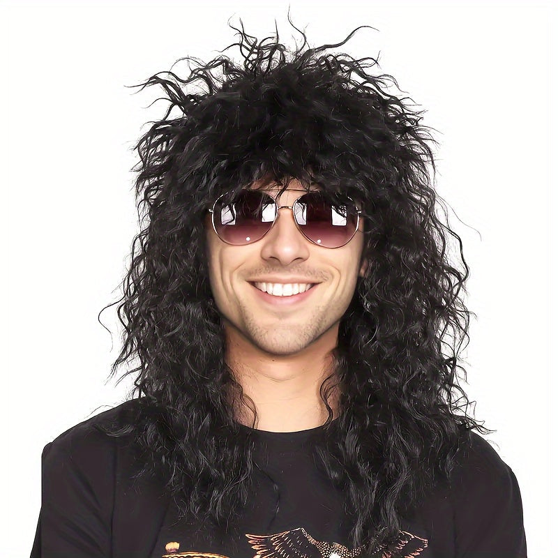 Men's 80s Rocker Wig Black or Blonde Afro with Bangs for Halloween Cosplay Party