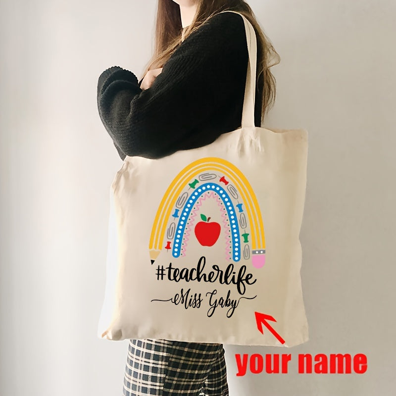 Personalized Name Teacher Rainbow Pattern Tote Bag for Back to School Reusable Shoulder Bag