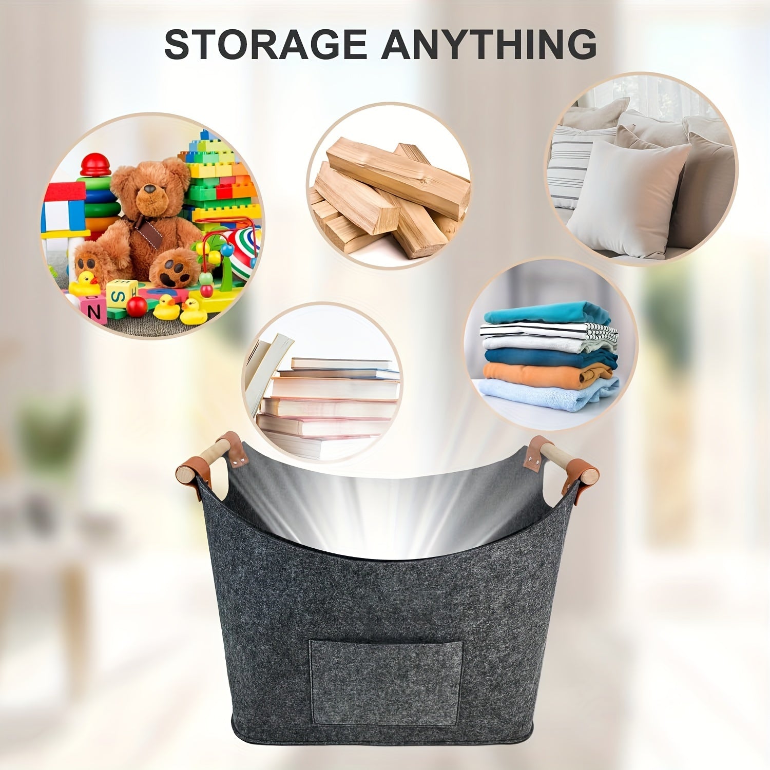 Set of 2 Large Firewood Baskets with Wooden Handles, Dark Gray Felt Storage