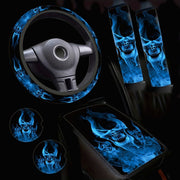 Blue Flame Skull Print Car Accessory Set Includes Wheel Cover Armrest Covers Seat Belt Clips Coasters