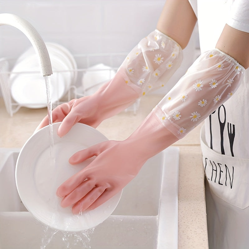 Small Daisy Pattern Rubber Cuff Gloves for Household Cleaning Non-Slip Durable Latex