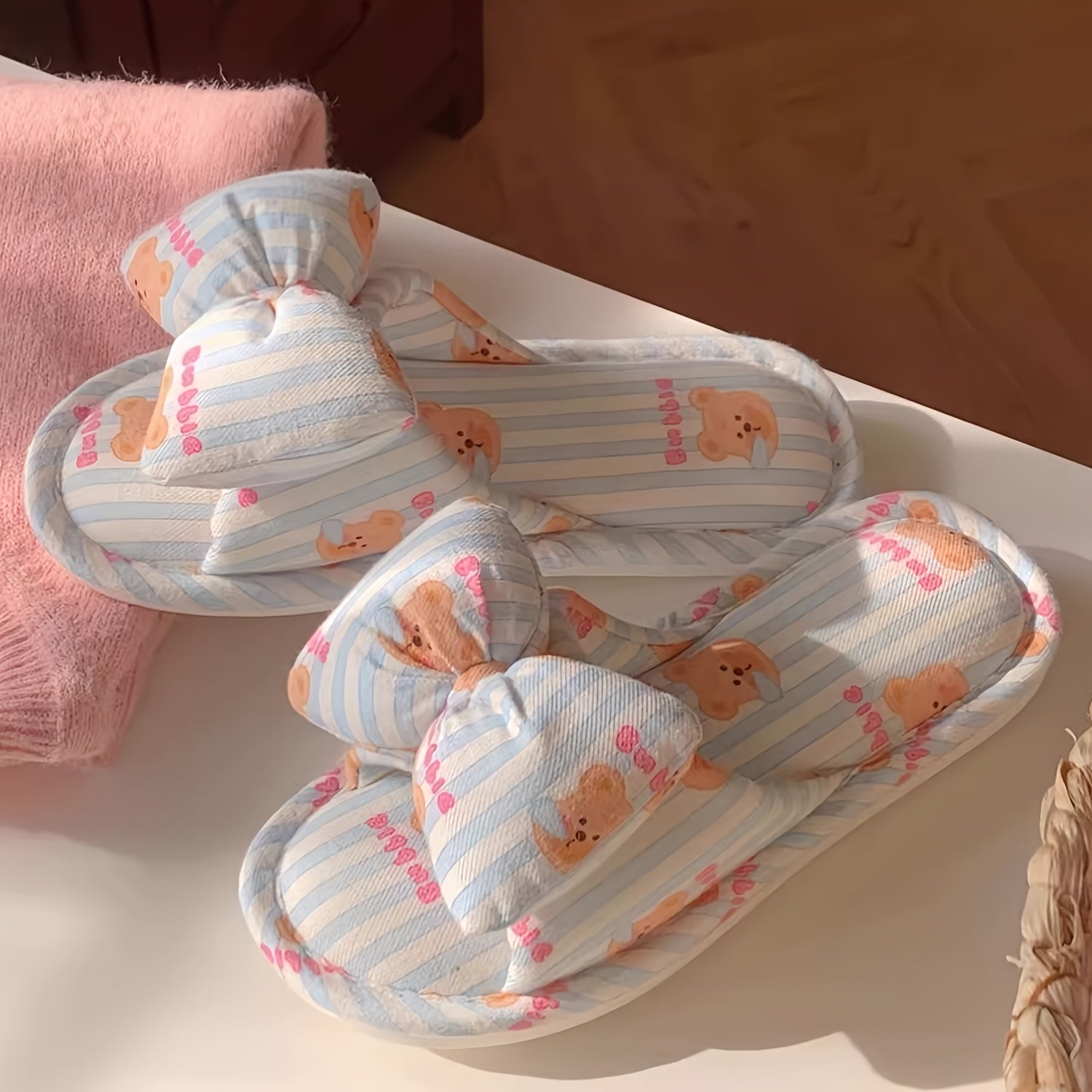 Girls Bear Striped Slippers Linen Fabric Indoor Footwear with Bow