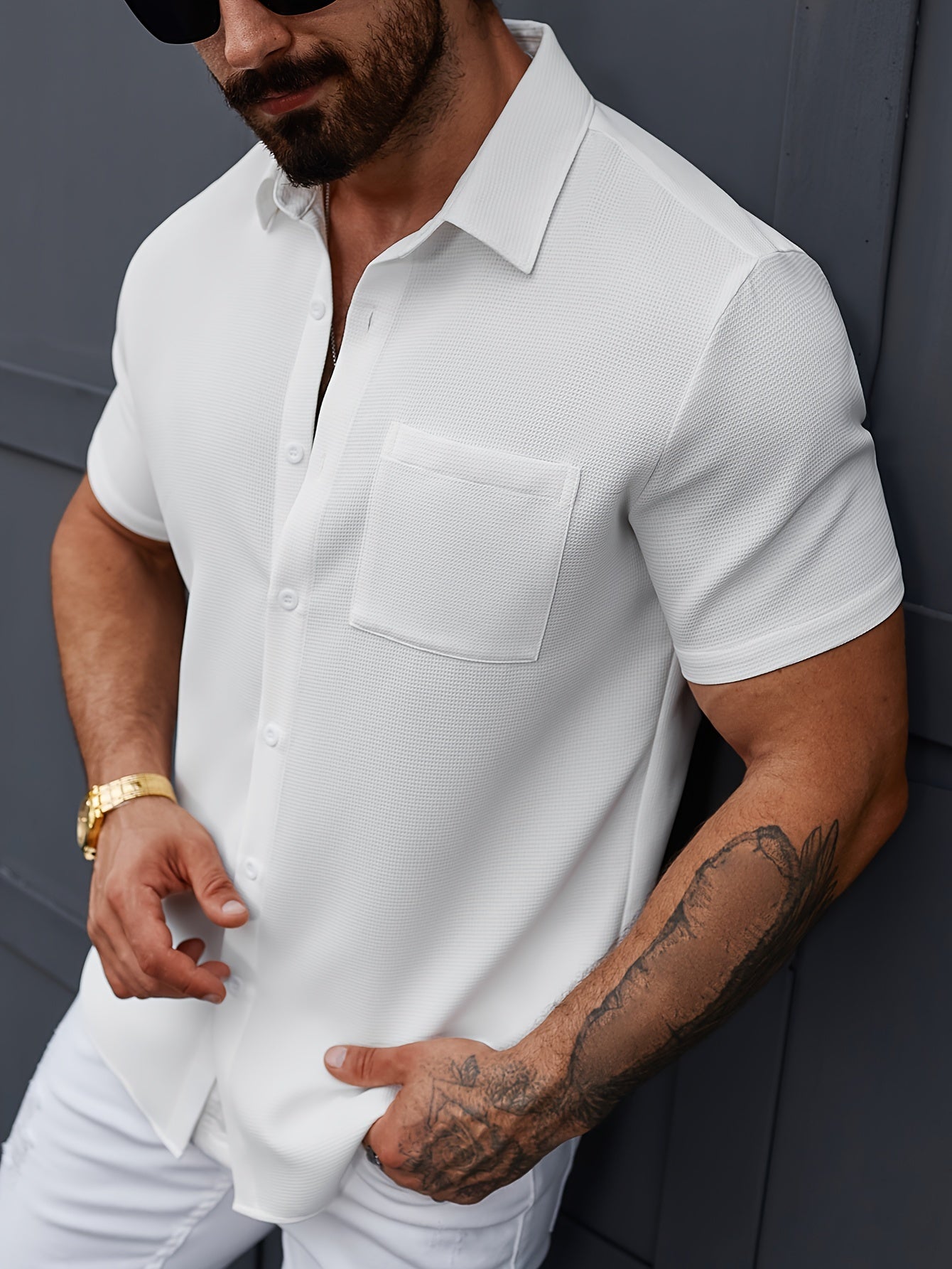 Men's White Short Sleeve Polyester Button-Up Shirt with Classic Collar Chest Pocket Casual Summer Wear