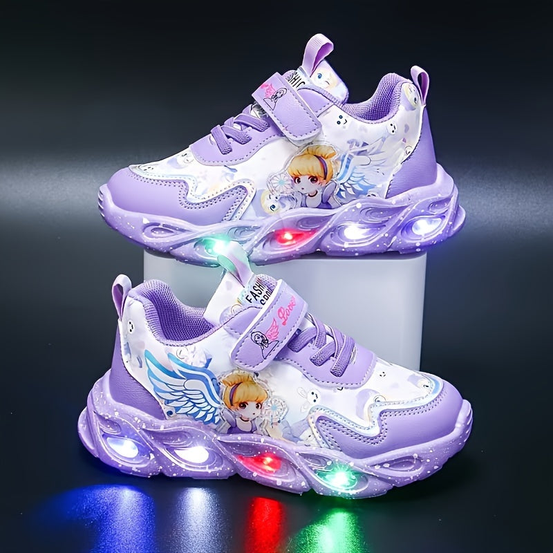 Glow-in-the-Dark Cartoon Pattern Sneakers for Girls and Toddlers Breathable Fabric Faux Leather Low Top Rubber Sole