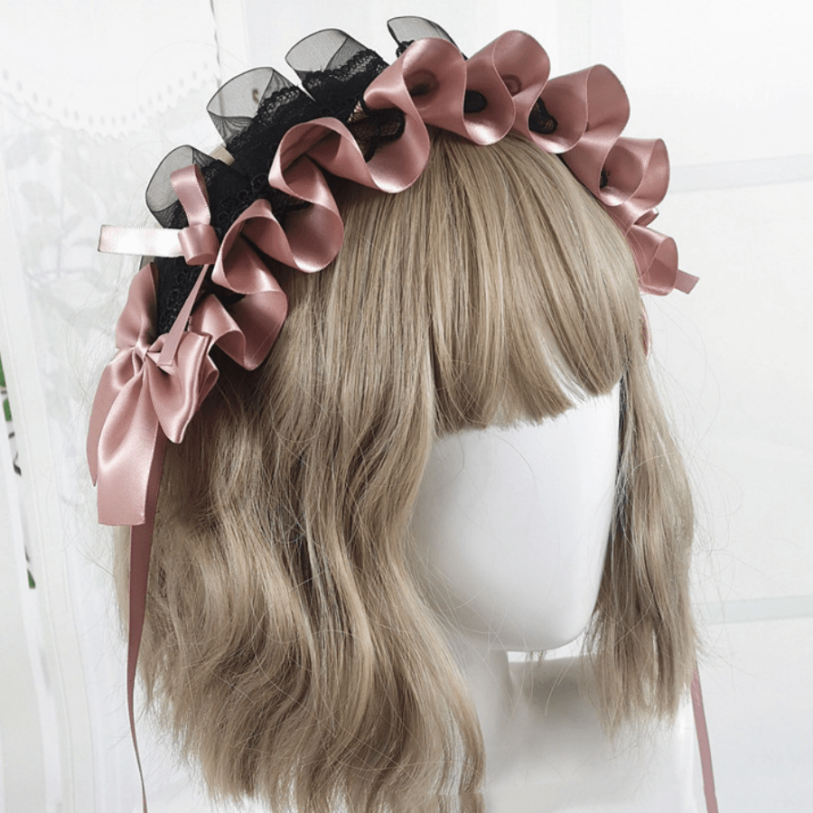 Ruffled Lace Ribbon Bow Headband with Hairpins for Girls in Contrasting Colors