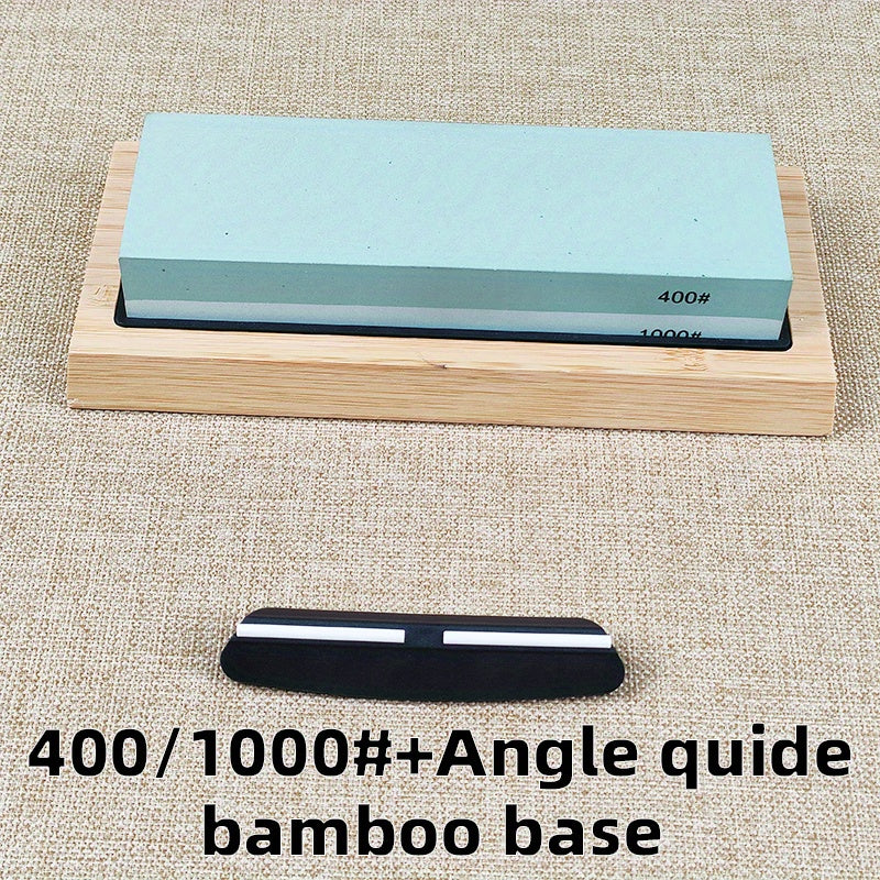 Juego de afilado de cuchillos con piedra de afilar de 2 etapas, base de bambú y guía de mango de madera