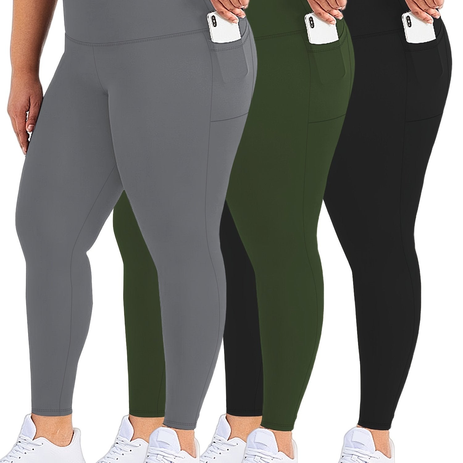Plus Size Womens Black Pockets High Waisted Tummy Control Leggings Set