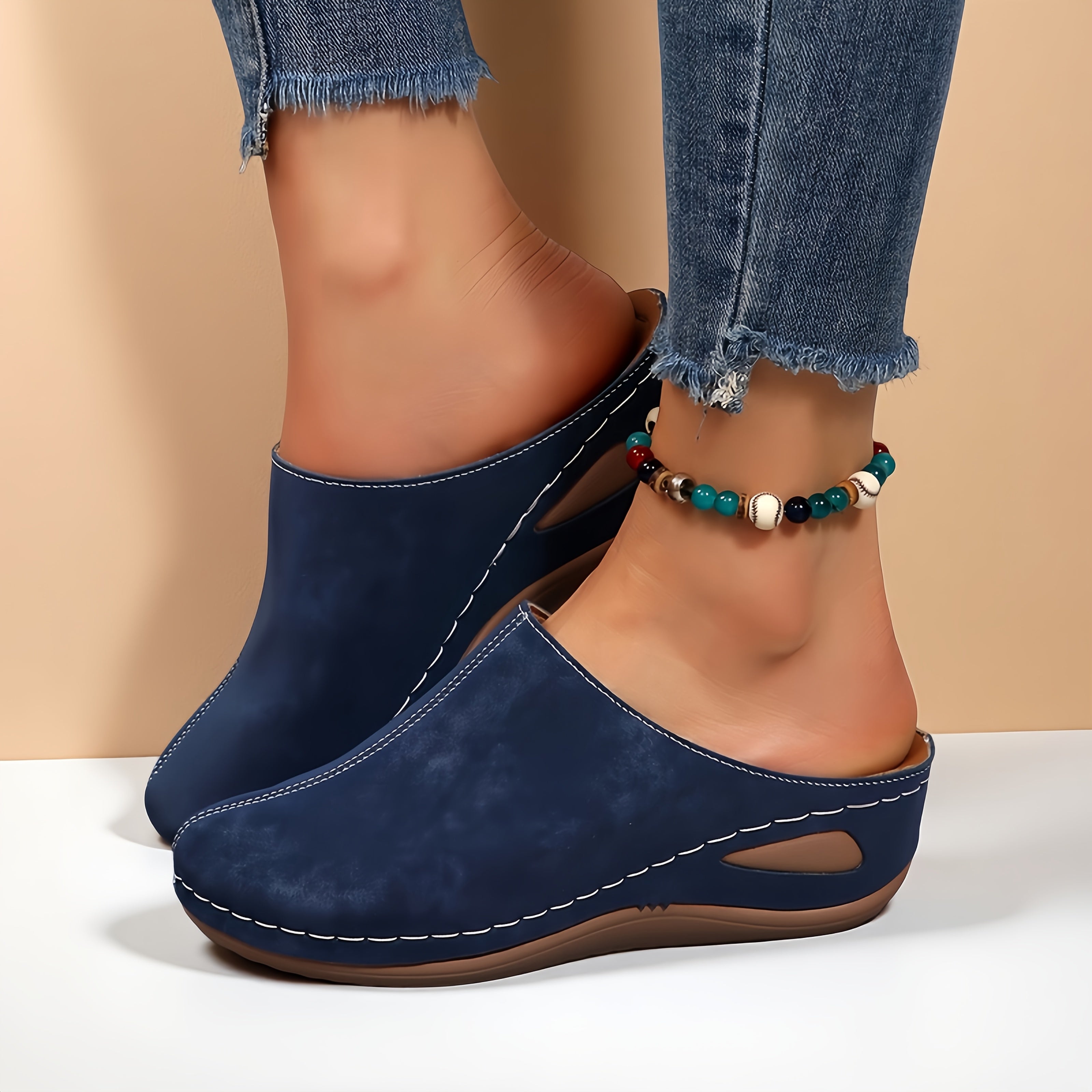 Women's Navy Blue PU Slip-On Flats Non-Slip Cushioned Insole All-Season